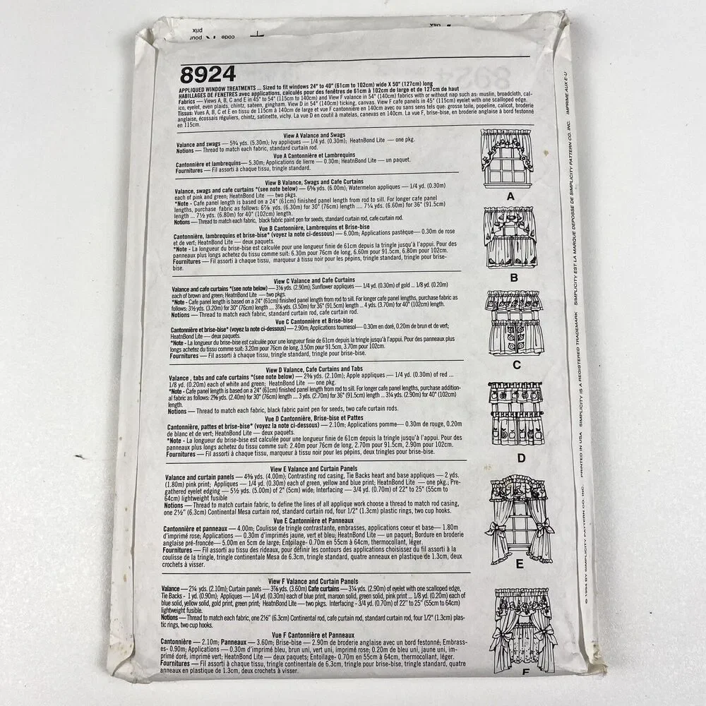 Simplicity 8924 Jiffy Valance Swag Cafe Curtains Curtain Panels 6 Pack Uncut FF